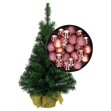 Mini kerstboom/kunst kerstboom H35 cm inclusief kerstballen roze 