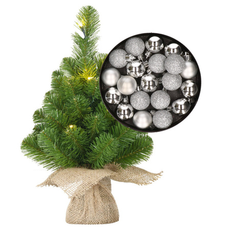 Mini kerstboom/kunstboom met verlichting 45 cm en inclusief kerstballen zilver