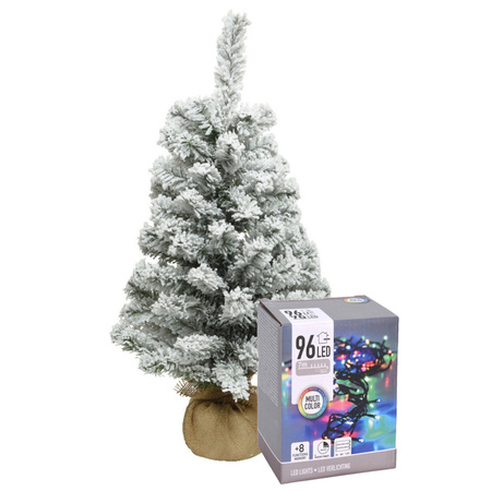 Mini kerstboom - 60 cm - met sneeuw en kerstverlichting gekleurd