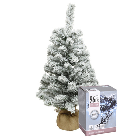 Mini kerstboom - 60 cm - met sneeuw en kerstverlichting helder wit