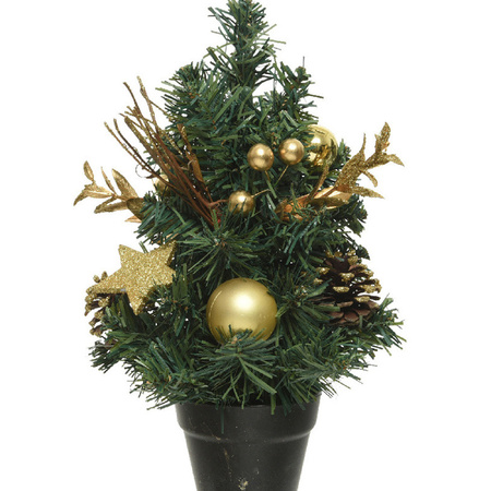 Mini artificial Christmas trees with gold decoration 30 cm