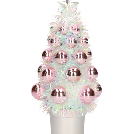 Mini kunst kerstboompje roze met kerstballen 19 cm