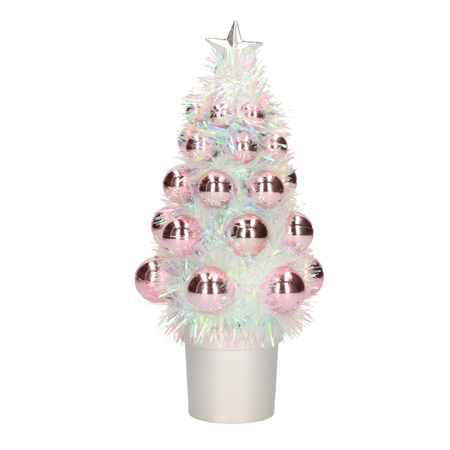 Mini kunst kerstboompje roze met kerstballen 19 cm