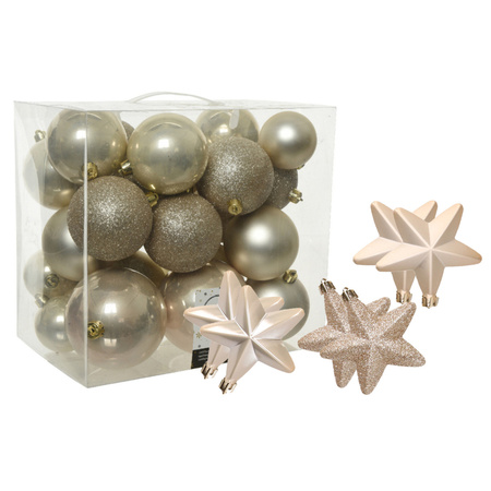 Pakket 32x stuks kunststof kerstballen en sterren ornamenten champagne