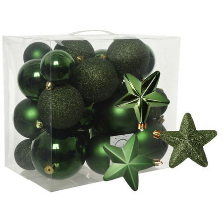 Pakket 32x stuks kunststof kerstballen en sterren ornamenten donkergroen