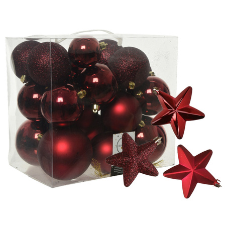 Pakket 32x stuks kunststof kerstballen en sterren ornamenten donkerrood