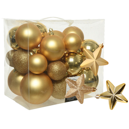 Pakket 32x stuks kunststof kerstballen en sterren ornamenten goud