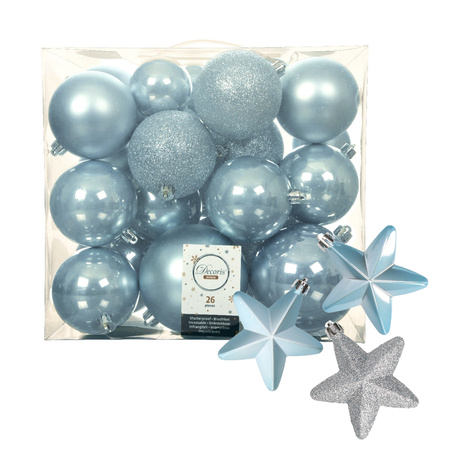 Pakket 32x stuks kunststof kerstballen en sterren ornamenten lichtblauw