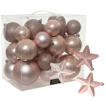 Pakket 32x stuks kunststof kerstballen en sterren ornamenten lichtroze