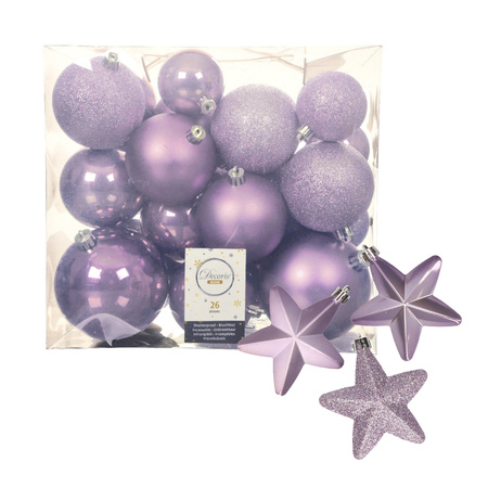 Pakket 32x stuks kunststof kerstballen en sterren ornamenten lila paars