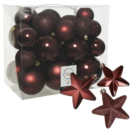 Pakket 32x stuks kunststof kerstballen en sterren ornamenten mahonie bruin