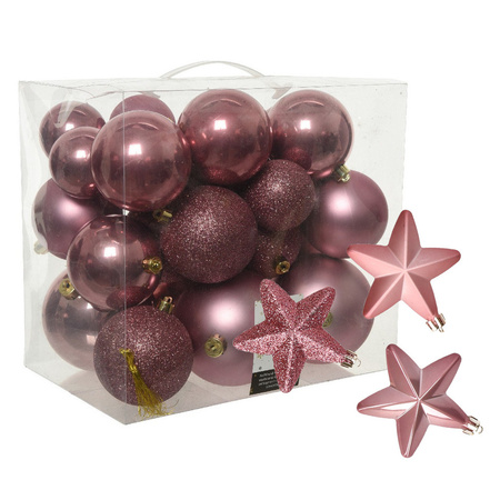 Pakket 32x stuks kunststof kerstballen en sterren ornamenten oud roze