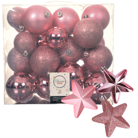Pakket 32x stuks kunststof kerstballen en sterren ornamenten roze