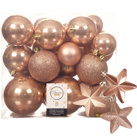 Pakket 32x stuks kunststof kerstballen en sterren ornamenten toffee bruin