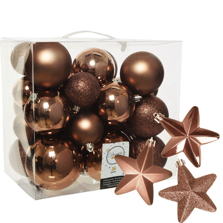 Pakket 32x stuks kunststof kerstballen en sterren ornamenten walnoot bruin
