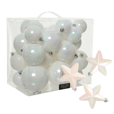 Pakket 32x stuks kunststof kerstballen en sterren ornamenten wit parelmoer