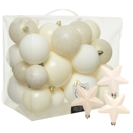 Pakket 32x stuks kunststof kerstballen en sterren ornamenten wol wit