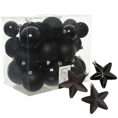 Package 32x pcs plastic christmas baubles and star ornaments black