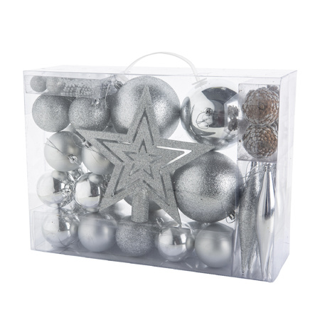 53x pcs plastic christmas baubles/ornaments with star tree topper silver