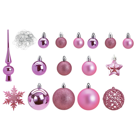 Pakket met 110x stuks kunststof kerstballen/ornamenten met piek roze