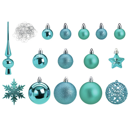 Pakket met 110x stuks kunststof kerstballen/ornamenten met piek turqouise