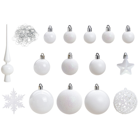 Pakket met 110x stuks kunststof kerstballen/ornamenten met piek wit