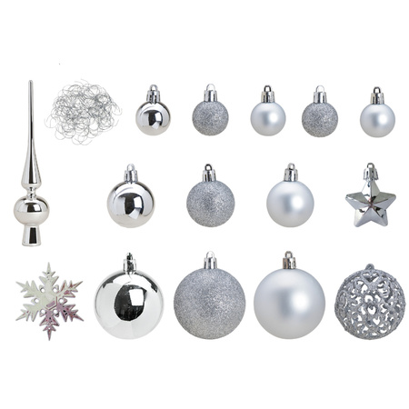 Pakket met 110x stuks kunststof kerstballen/ornamenten met piek zilver