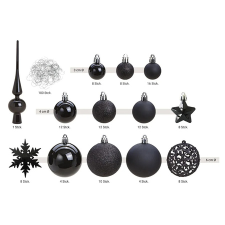 Pakket met 110x stuks kunststof kerstballen/ornamenten met piek zwart