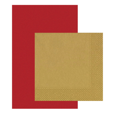 Papieren tafelkleed/tafellaken rood inclusief gouden servetten