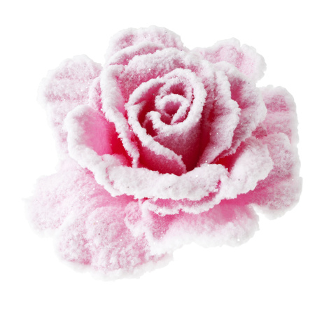 Roze decoratie rozen sneeuw op clip 10 cm