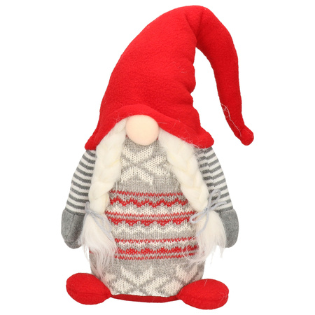 Pluche gnome/dwerg decoratie pop - rood/grijs - vrouwtje - 45 x 14 cm