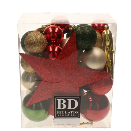 Set 33x stuks kunststof kerstballen met ster piek rood/champagne/groen