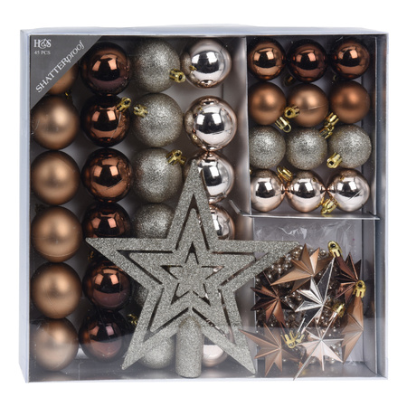 Set 44-pcs christmas tree decoration baubles, garland and tree topper brown shades
