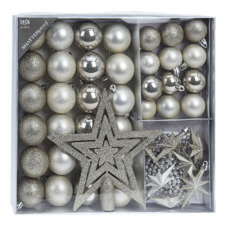 Set 44-pcs christmas tree decoration baubles, garland and tree topper pearl/white