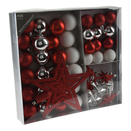 Set 44-delig kunststof kerstboomversiering rood/wit/zilver met kerstballen, slingers en piek