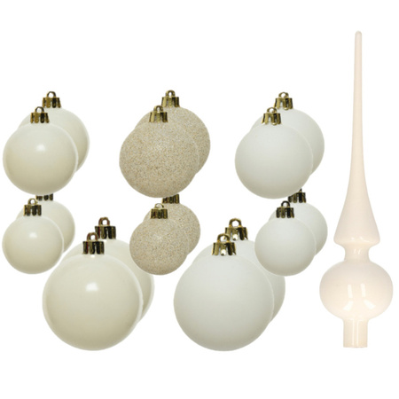 Set of 26x pcs plastic christmas baubles including glass tree topper wool white