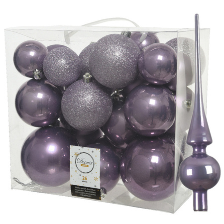 Set van 26x stuks kunststof kerstballen incl. glazen piek glans lila paars