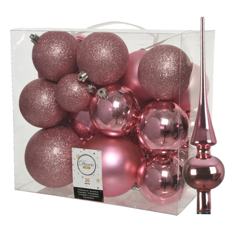 Set van 26x stuks kunststof kerstballen incl. glazen piek glans lippenstift roze