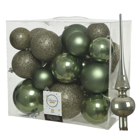 Set van 26x stuks kunststof kerstballen incl. glazen piek glans mosgroen
