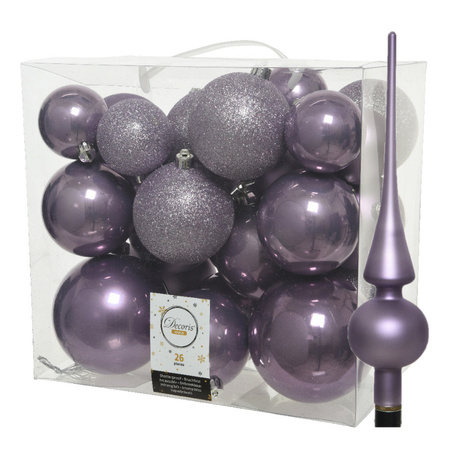 Set van 26x stuks kunststof kerstballen incl. glazen piek mat lila paars