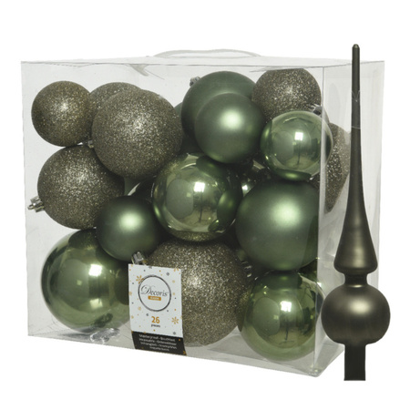 Set van 26x stuks kunststof kerstballen incl. glazen piek mat mosgroen