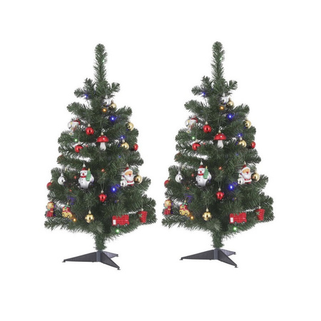 Set van 2x stuks versierde kerstbomen met 26 decoraties en 30 LED lampjes 90 cm