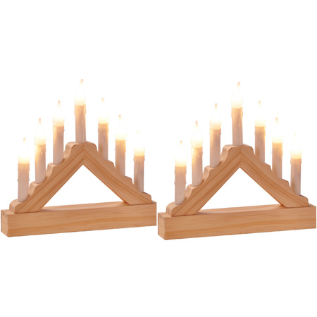 Set van 2x stuks houten kaarsenbruggen met Led verlichting warm wit 7 lampjes 21 cm