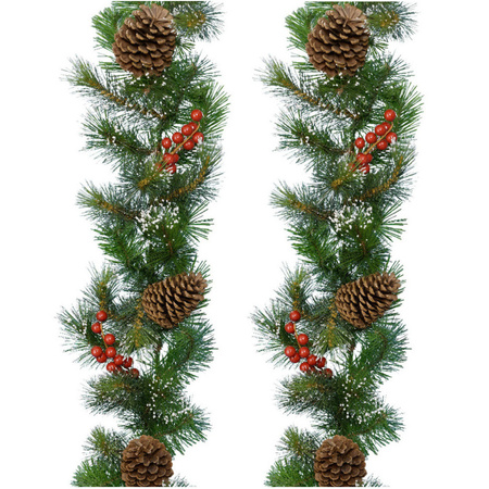Set of 2x pieces christmas pine garlands green with snow and decoration 30 x 270 cm