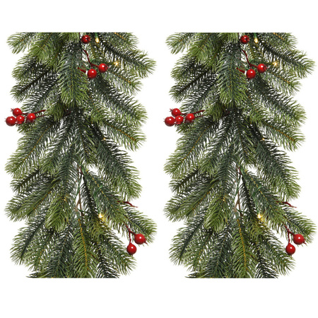 Set of 2x pieces christmas pine garlands green with warm white leds and decoration 30 x 180 cm
