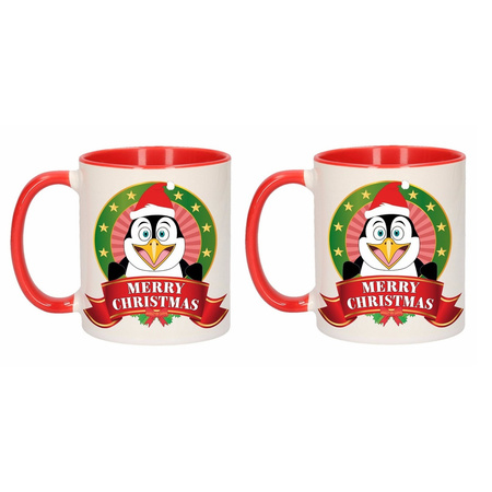 Set of 2x pieces christmas mugs with pinguin print 300 ml