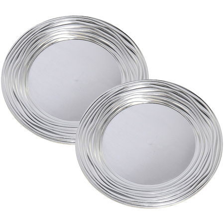 Set of 2x pcs dinner plates/platters silver shiny 33 cm round