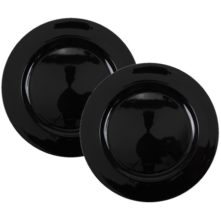 Set of 2x pcs dinner plates/platters black shiny 33 cm round