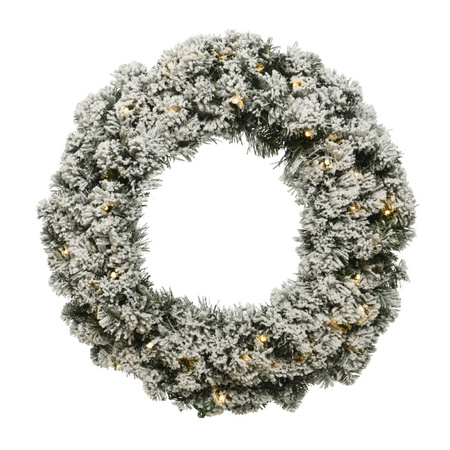 Set van 2x stuks kerstkransen/dennenkransen groen met sneeuw en warm witte verlichting 35 cm