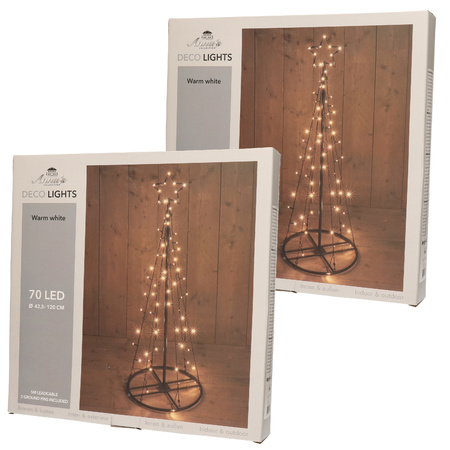 Set van 2x stuks verlichte zwarte lichtbomen/metalen bomen/kerstbomen met 70 led lichtjes 120 cm